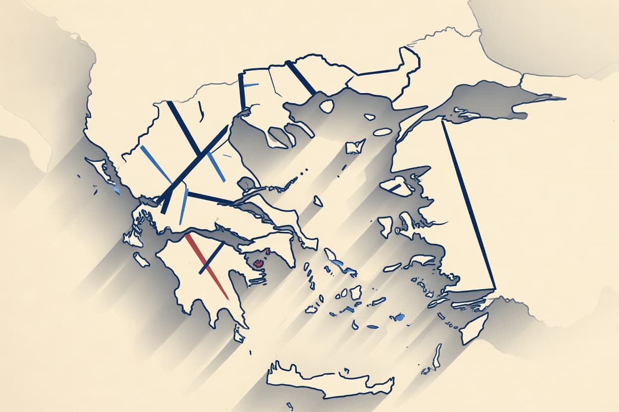 ისტორიული დაყოფისა და გადაუჭრელი კონფლიქტის აბსტრაქტული წარმოდგენა ბალკანეთში სიმბოლური ხაზებითა და ჩრდილებით
